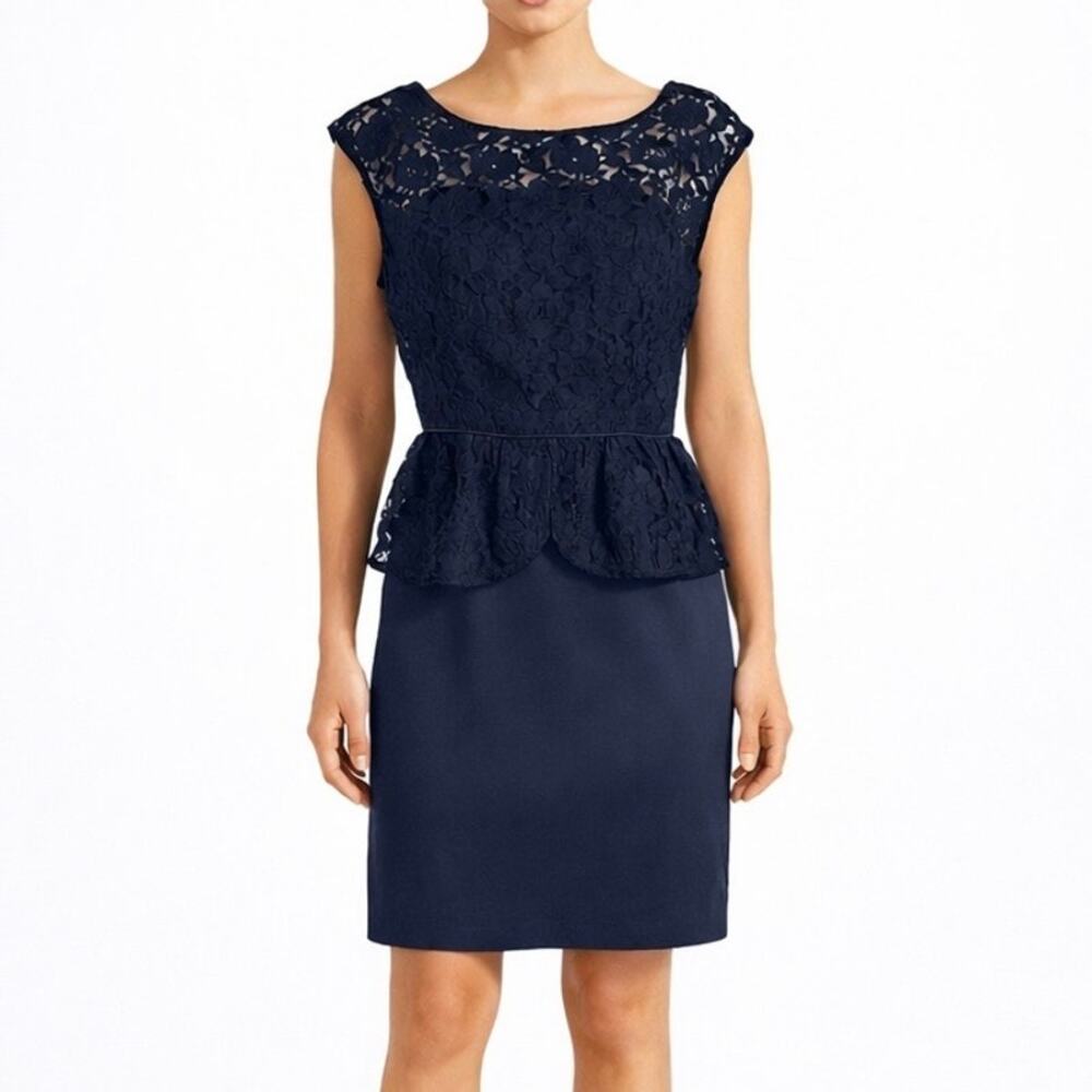 London Times Lace Peplum Satin Sheath Mini Dress Black Size 6